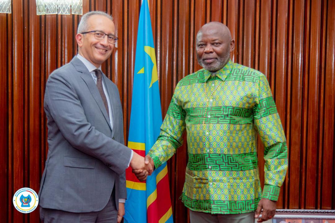 Poignée de main entre le Président de la Chambre basse du Parlement, Vital Kamerhe, et Hesham Abdel Salam Elmekwad, Ambassadeur d'Égypte en RDC