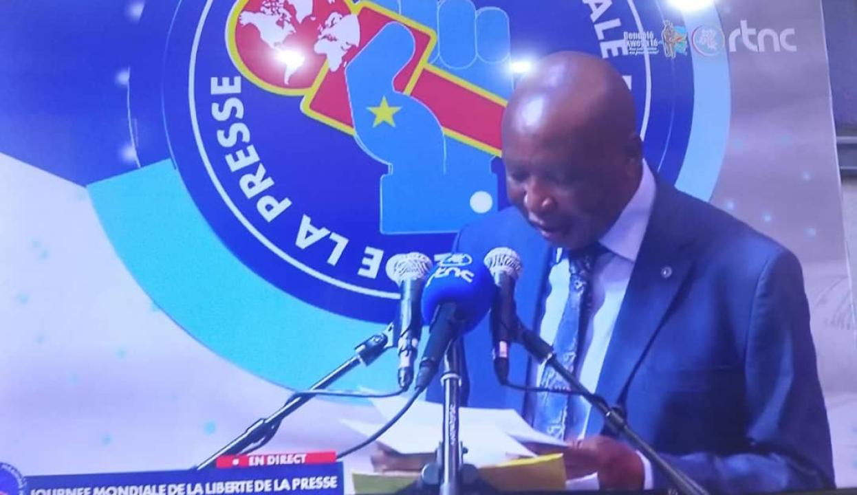 Le président de l'UNPC, Baudouin Kamanda wa Kamanda, lors de son allocution à la 32e Journée mondiale de la liberté de la presse