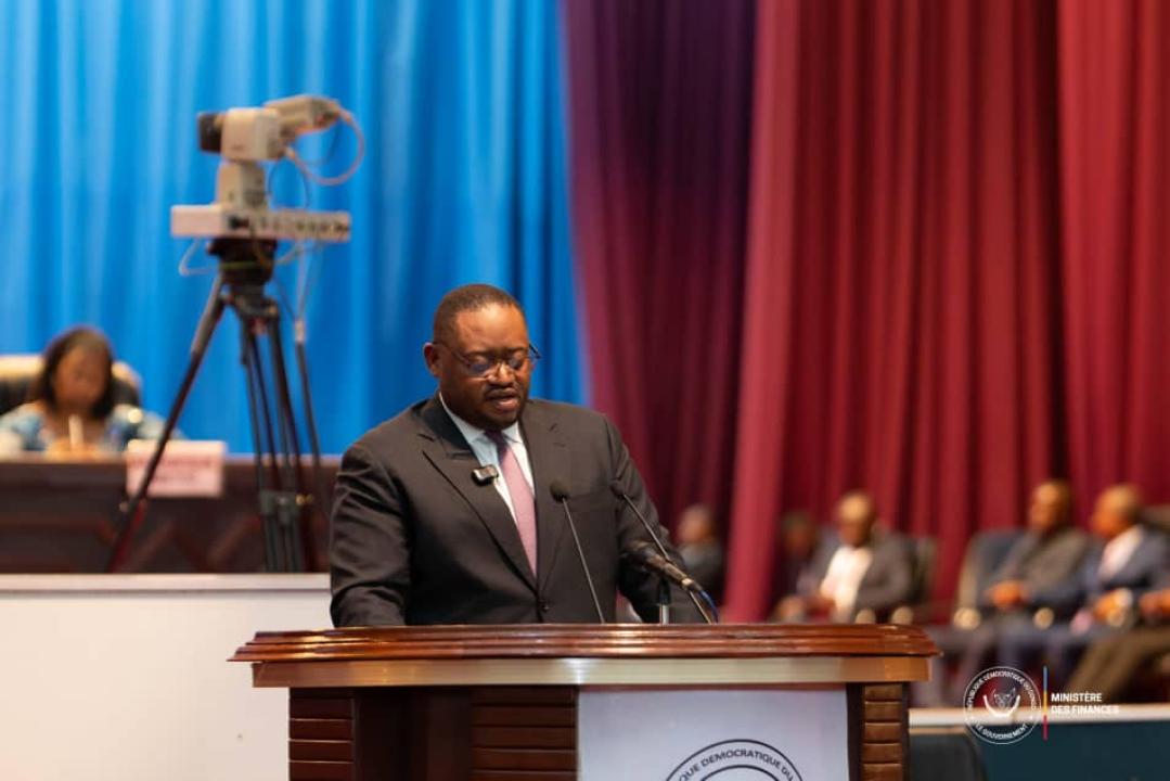Le ministre des finances Doudou Fwamba Linkunde li- botayi devant l'assemblée nationale pour la validation de huit projets de loi de ratification des accords de crédit, mardi 10 juin 2025