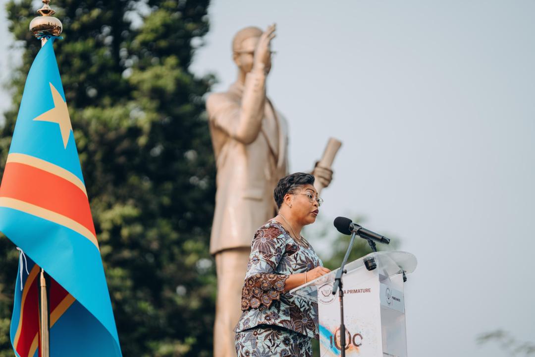 La Première Ministre Judith Suminwa prononce son discours dans le cadre des activités liées au centenaire de Patrice Emery Lumumba