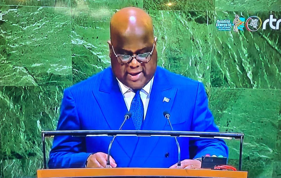 Le chef de l'État Félix Tshisekedi lors de son discours à la 80e session de l'Assemblée générale des Nations unies, mercredi 24 septembre 2025