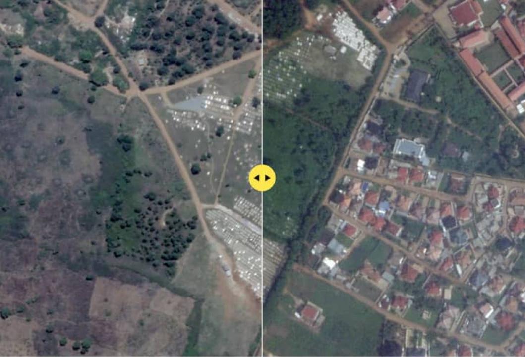 The Guardian fait la comparaison de deux photos satellite du cimetière militaire de Kanombe à Kigali, en août 2021 à gauche, et mi-décembre 2024 à droite.(Capture-écran)