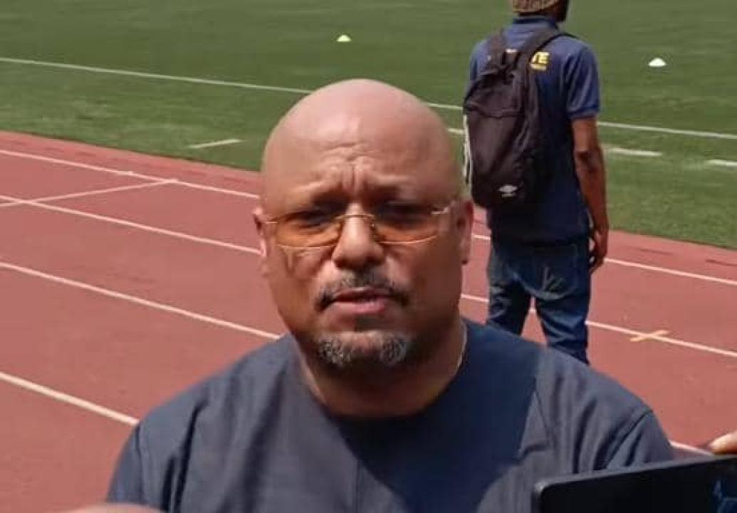 Le président du FC les Aigles du Congo, Vidiye Tshimanga, lors d'une interview accordée à la presse, au Stade des Martyrs de Kinshasa.