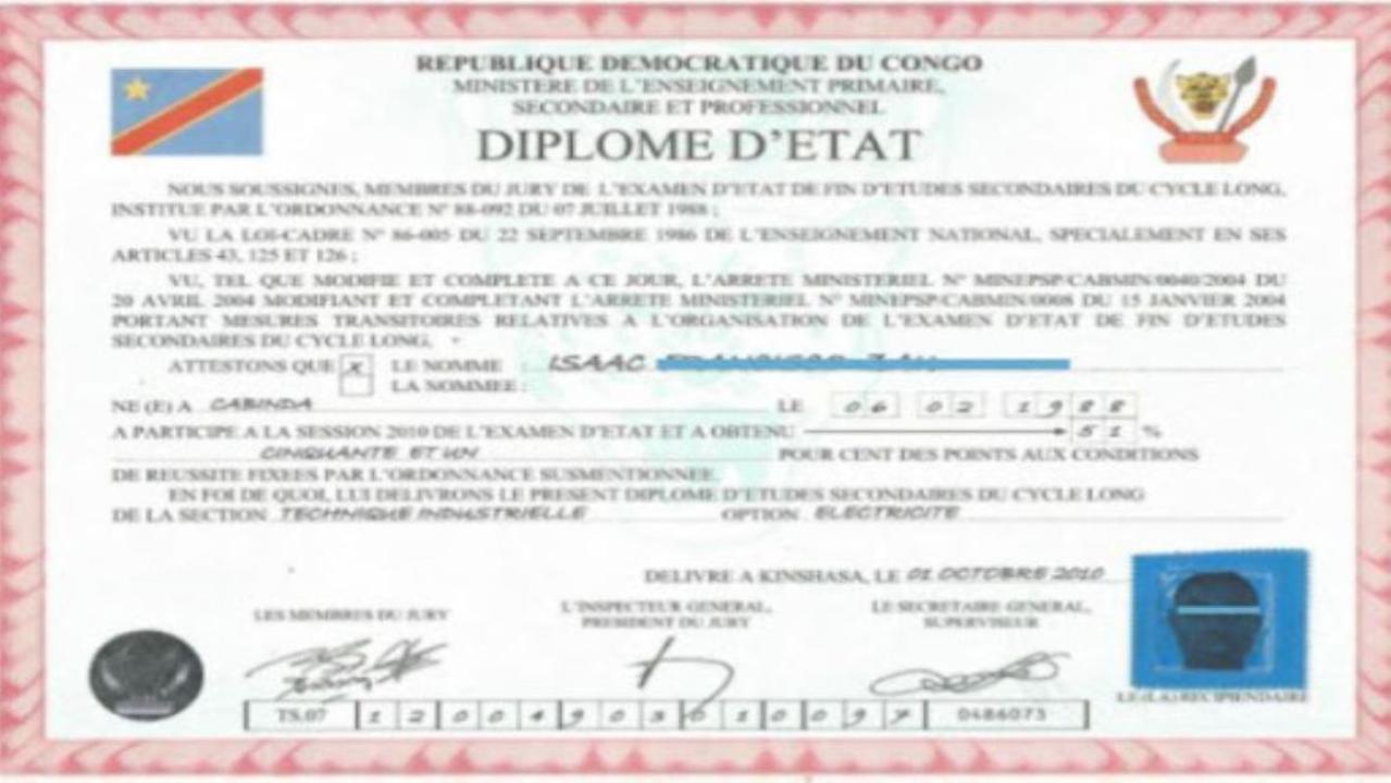 Specimen d’un diplôme d’Etat en RDC [photo d’illustration]