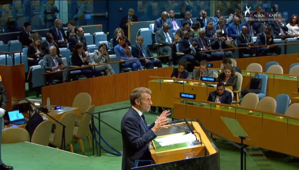 Emmanuel MACRON, Président de la République française, à la Tribune de la 80e Assemblée générale des Nations-Unies ce mardi 23 septembre 2025