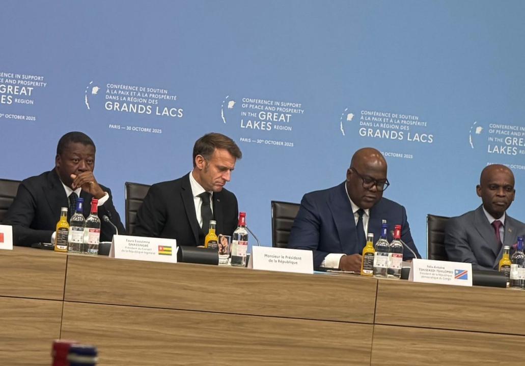 De gauche à droite, les chefs d’Etats Faure Eyadema, Emmanuel Macron et Félix Tshisekedi