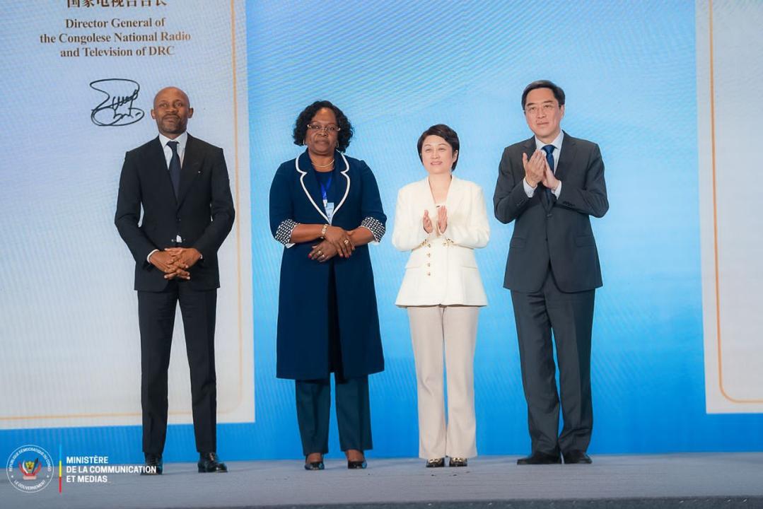 Le ministre de la communication et médias Patrick Muyaya, la DG de la rtnc Sylvie Elenge, et le président du China Media Group [photo d'illustration]