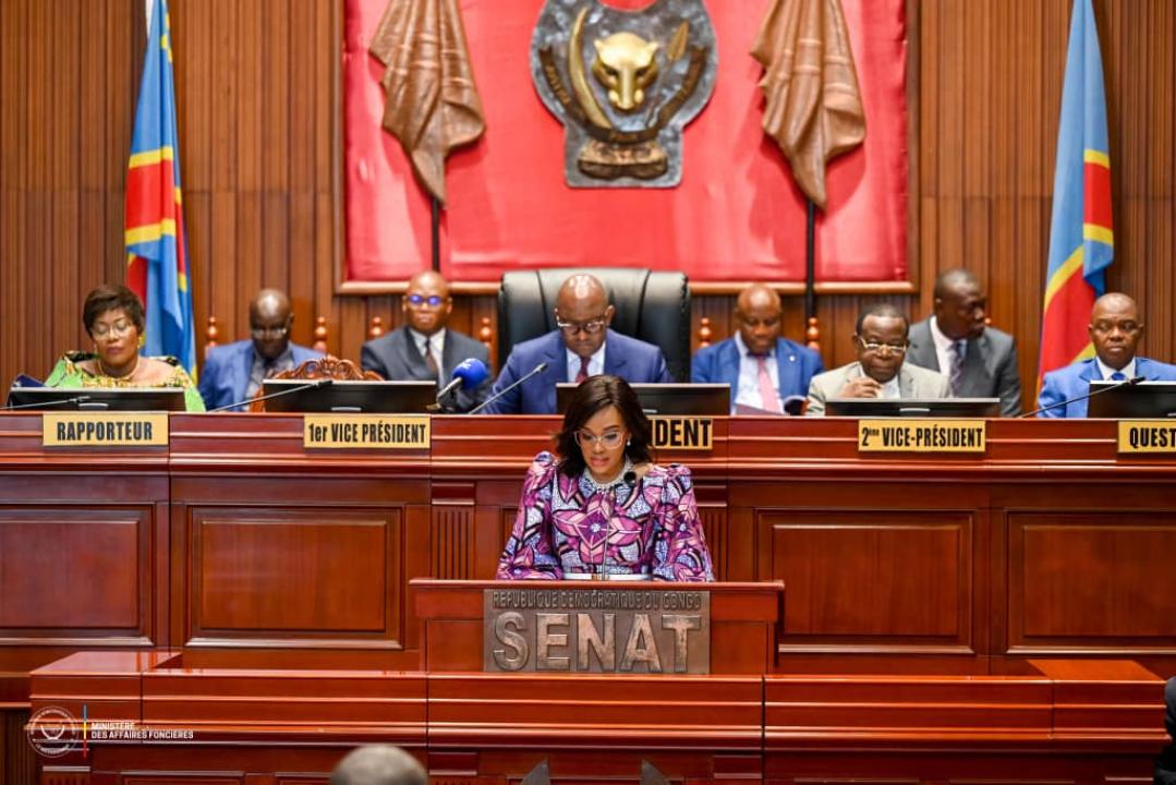 La ministre des affaires foncières, O'Neige Nsele lors d'une plénière au sénat