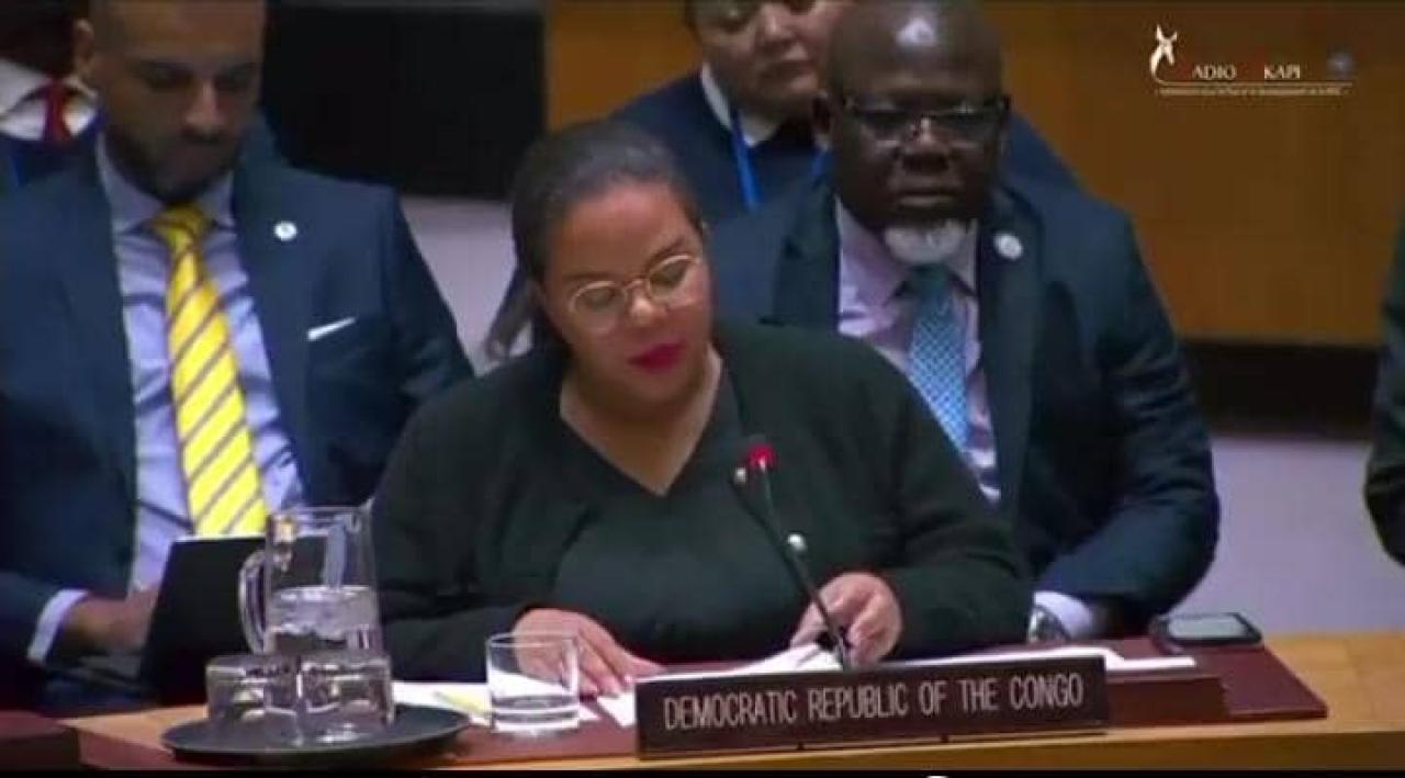 La ministre d'État, ministre des affaires étrangères Thérèse Kayikwamba Wagner lors de son allocution au conseil de sécurité