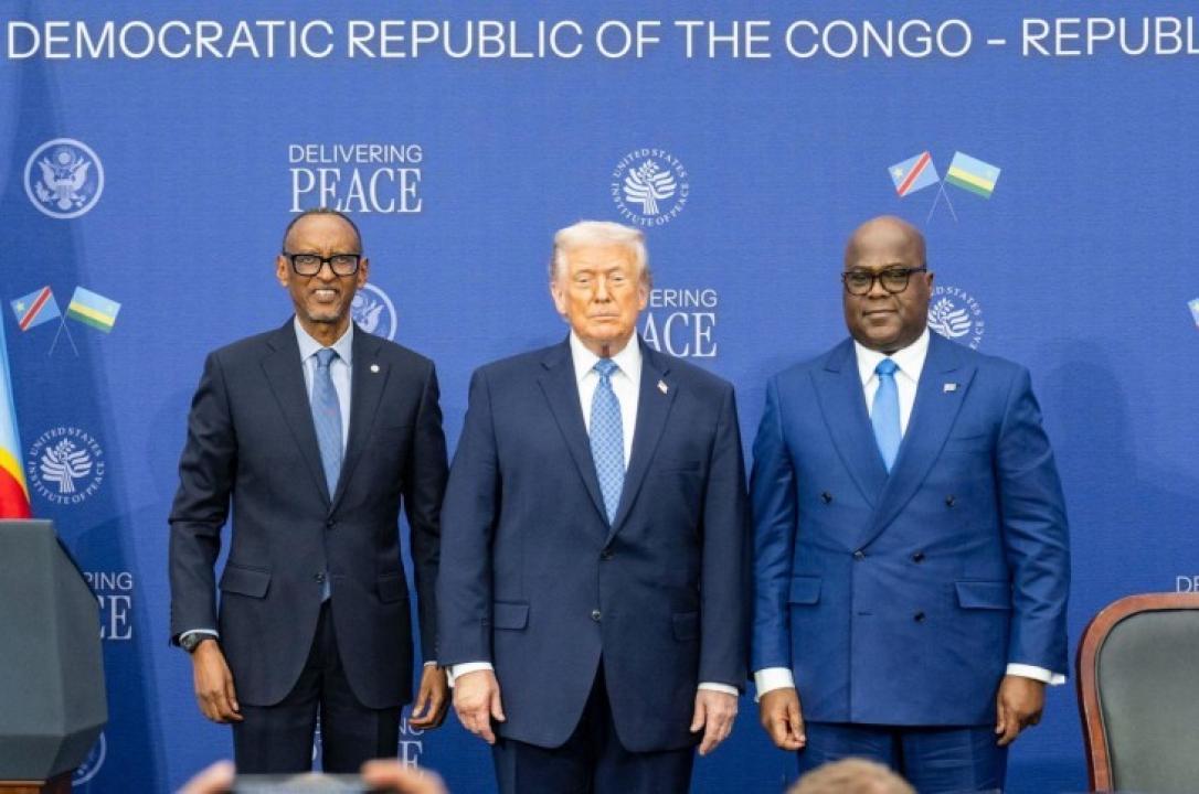 Kagame, Trump et Tshisekedi lors de la signature officielle de l’accord de paix de Washington entre la RDC et le Rwanda [photo d’illustration]