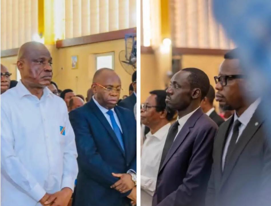 Martin Fayulu, Devos Kitoko, Prince Epenge et Lexxus Legal lors de la messe à la paroisse Saint Joseph Matonge. [Photo d'illustration]