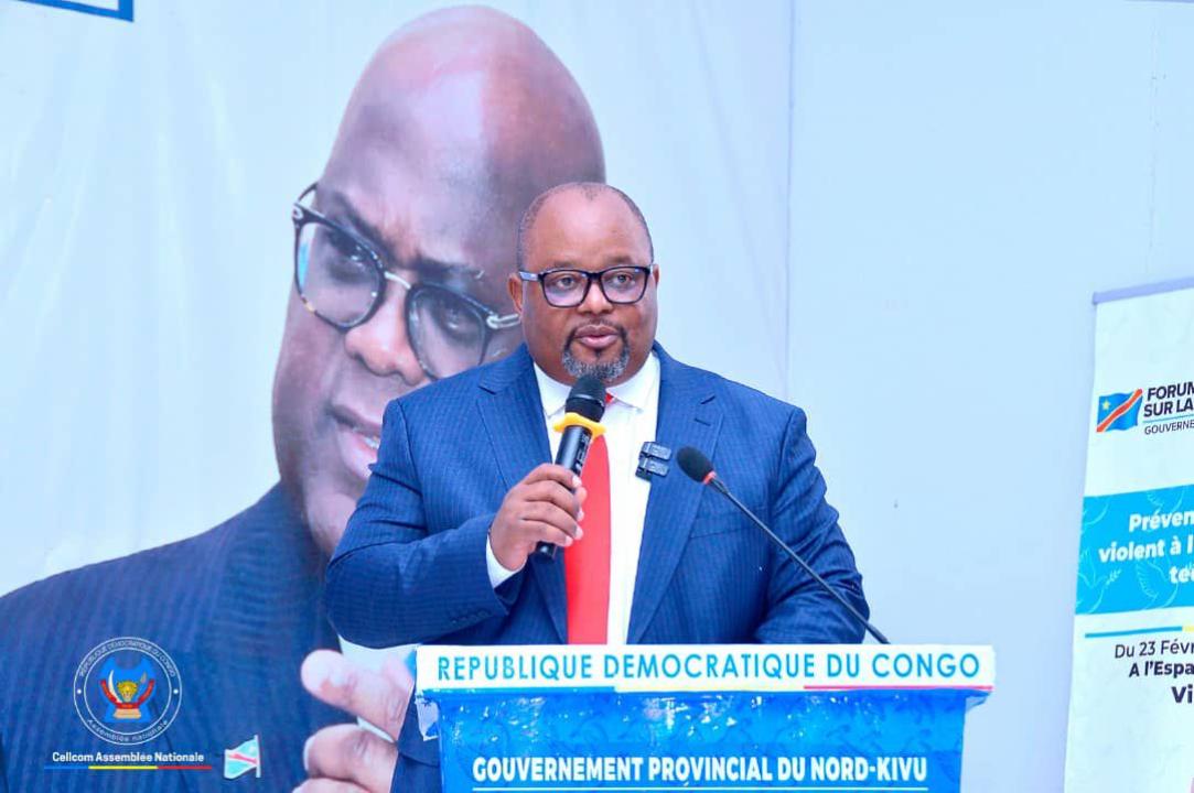 Aimé Boji Sangara, président de l’Assemblée nationale, lors de son discours de clôture du Forum provincial sur la paix, au Nord-Kivu