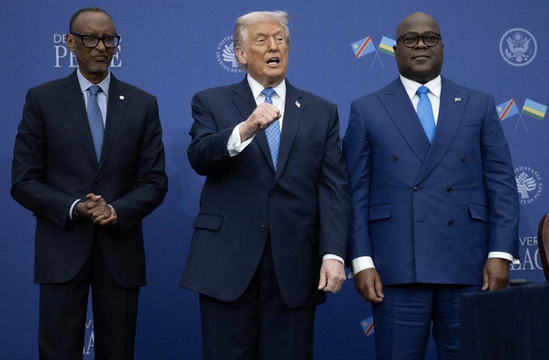 Le président américain Donald Trump auxau milieu de ses homologues Félix Tshisekedi et Paul Kagame [photo d’illustration].