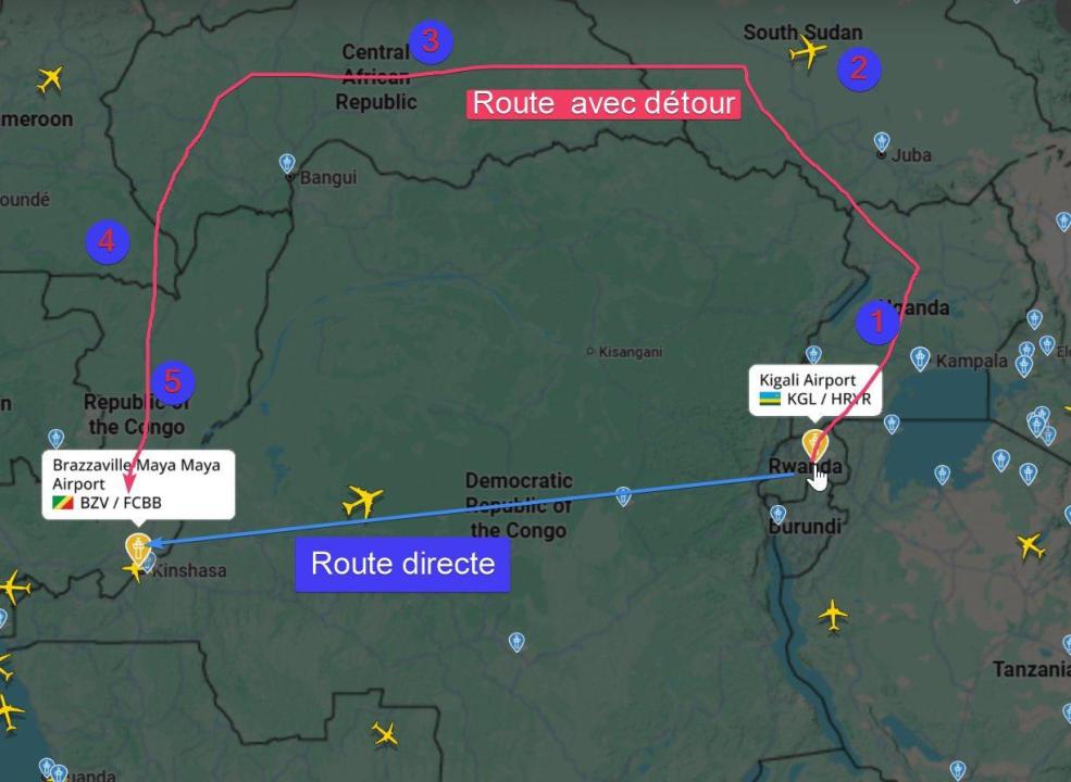 En rouge, la supposée trajectoire prise par l'avion présidentiel rwandais