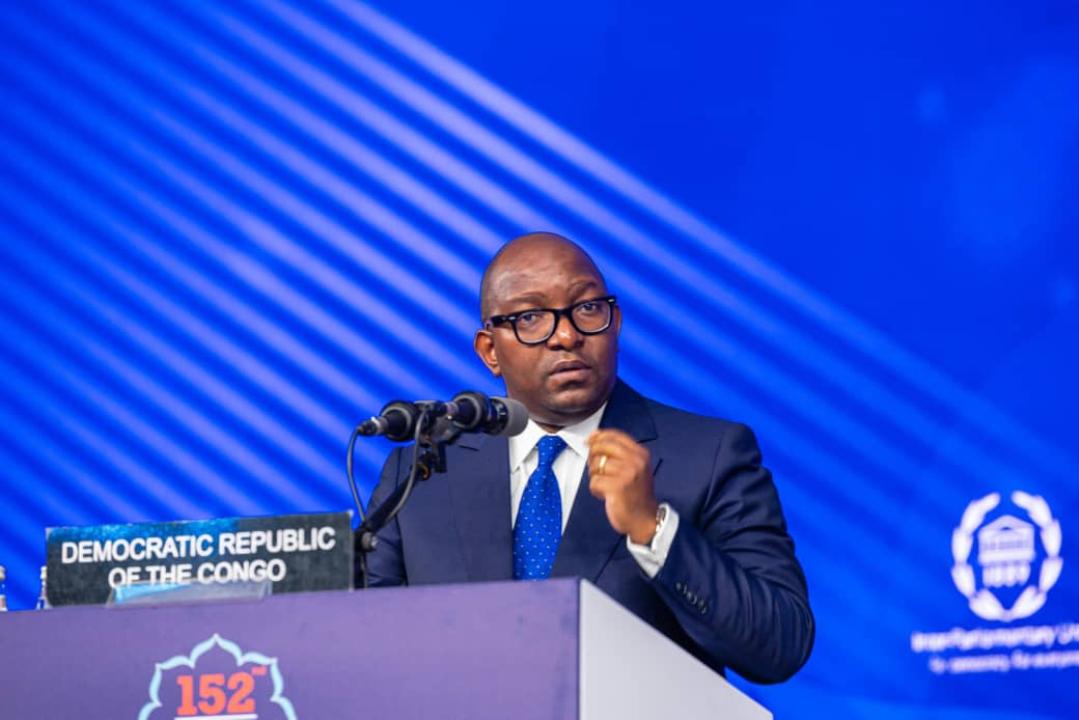 Jean-Michel Sama Lukonde intervenant lors de la 152ᵉ Assemblée de l’Union interparlementaire, à Istanbul