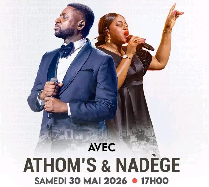 Le couple Athom's et Nadège MBUMA sur l'affiche annonçant le concert au Gymnase du Stade des Martyrs