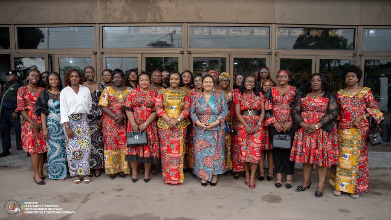 Thérèse Kayikwamba Wagner, ministre d'État des Affaires étrangères et son adjointe Noëlla Ayeganagato, accompagnées de la délégation du Comité des Femmes des Affaires Étrangères, ce jeudi 23 avril 2026