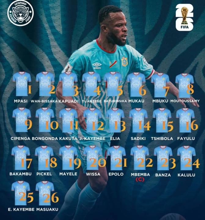 La liste des 26 léopards retenus pour le mondial 2026 ainsi que leurs numéros respectifs.