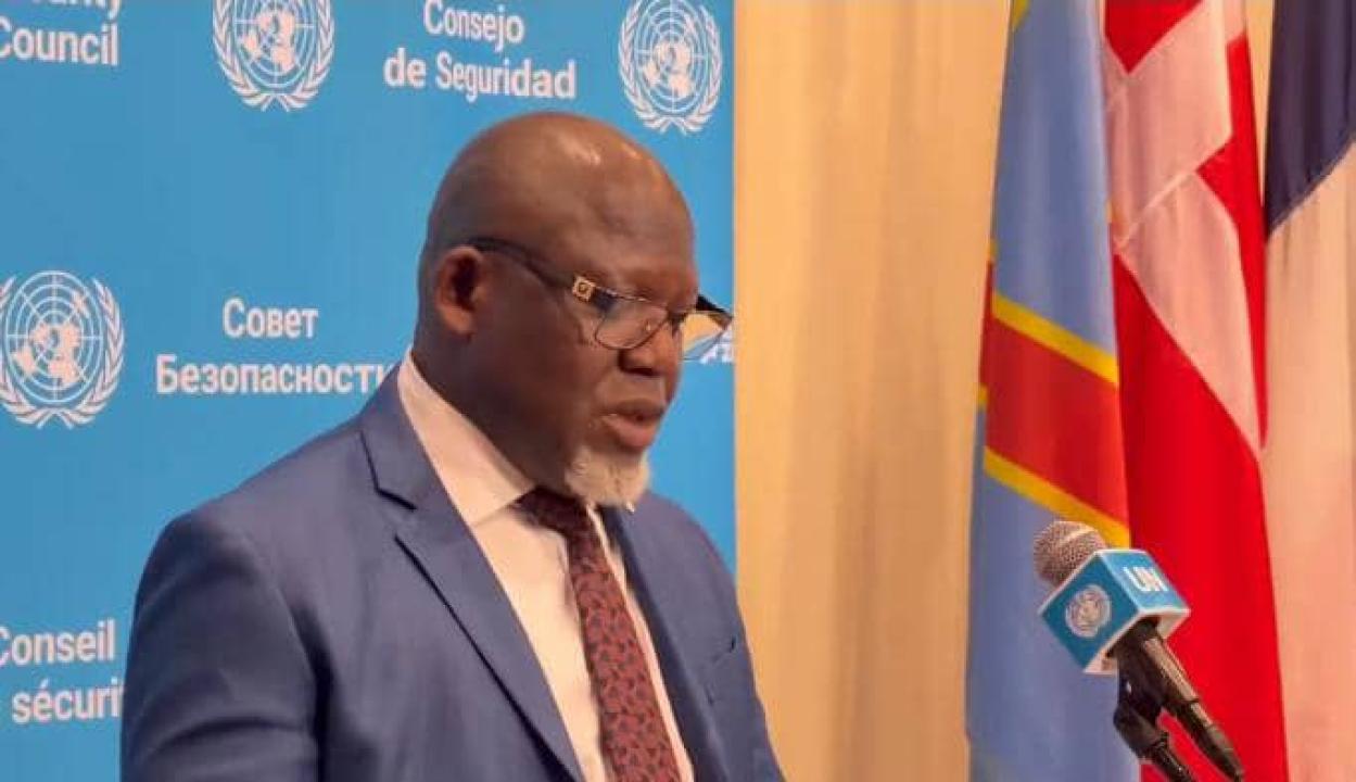 Le Représentant de la RDC auprès de l'ONU, Zénon Mukongo Ngay, lors de la présentation du rapport des entretiens informels avec les candidats secrétaire général, vendredi 10 juillet 2026
