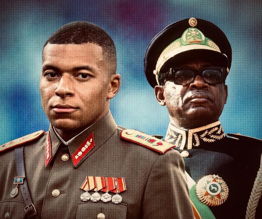 Affiche retravaillée du joueur Kylian Mbappé associé à l’image de l’ancien président Joseph Mobutu Sese Seko