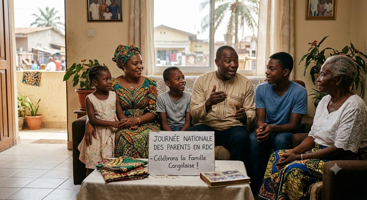 Une famille congolaise réunie pour échanger et célébrer la Journée nationale des parents, Image d’illustration générée par l’IA.