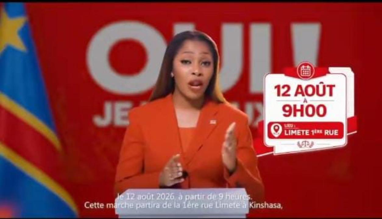 Grâce Emi Kutino, ministre de la Jeunesse lors de son message de mobilisation pour la marche du 12 août 2026