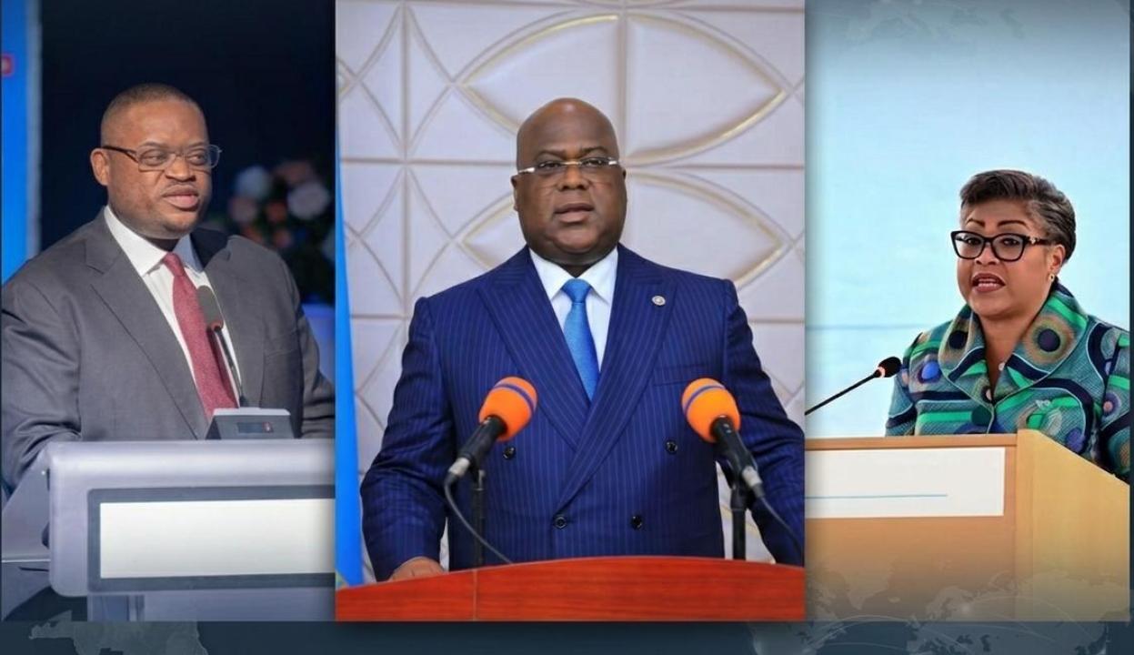 De gauche à droite : le ministre des Finances Doudou Fwamba, le président Félix Tshisekedi et la Première ministre Judith Suminwa [photo d’illustration d’illustration]