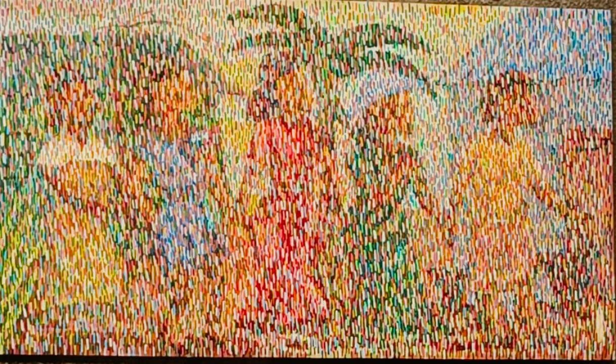 Une œuvre de l’artiste visuel congolais Baba Tshikama, dont la peinture se distingue par ses traits verticaux et ses couleurs vives.