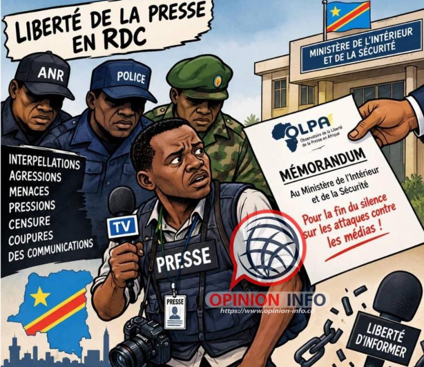 Une caricature illustrant les dénonciations de l’OLPA sur une série d’attaques visant les journalistes en RDC et son appel au ministère de l’Intérieur à intervenir