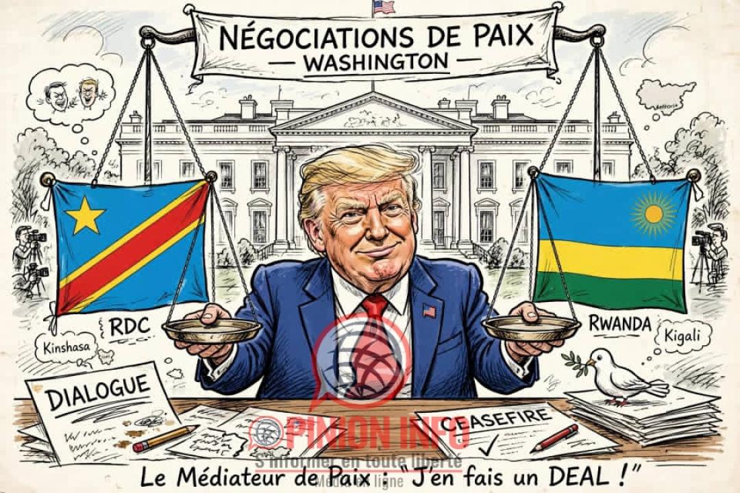 Caricature illustrant le rapport de force dans le conflit opposant la RDC au Rwanda, avec Washington comme médiateur