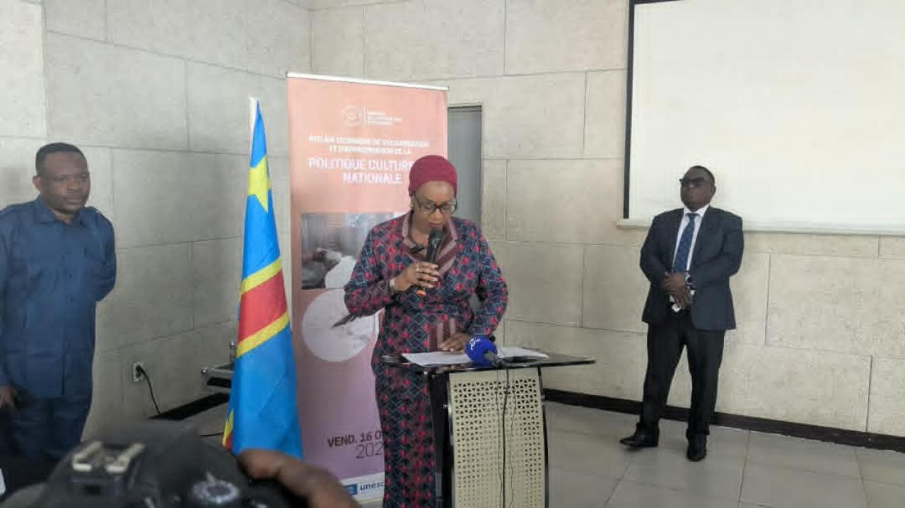 La ministre de la Culture et des Arts, Yolande Elebe Ma Ndembo, prononce son discours à l’ouverture de l’atelier technique de vulgarisation et d’appropriation de la Politique culturelle nationale.